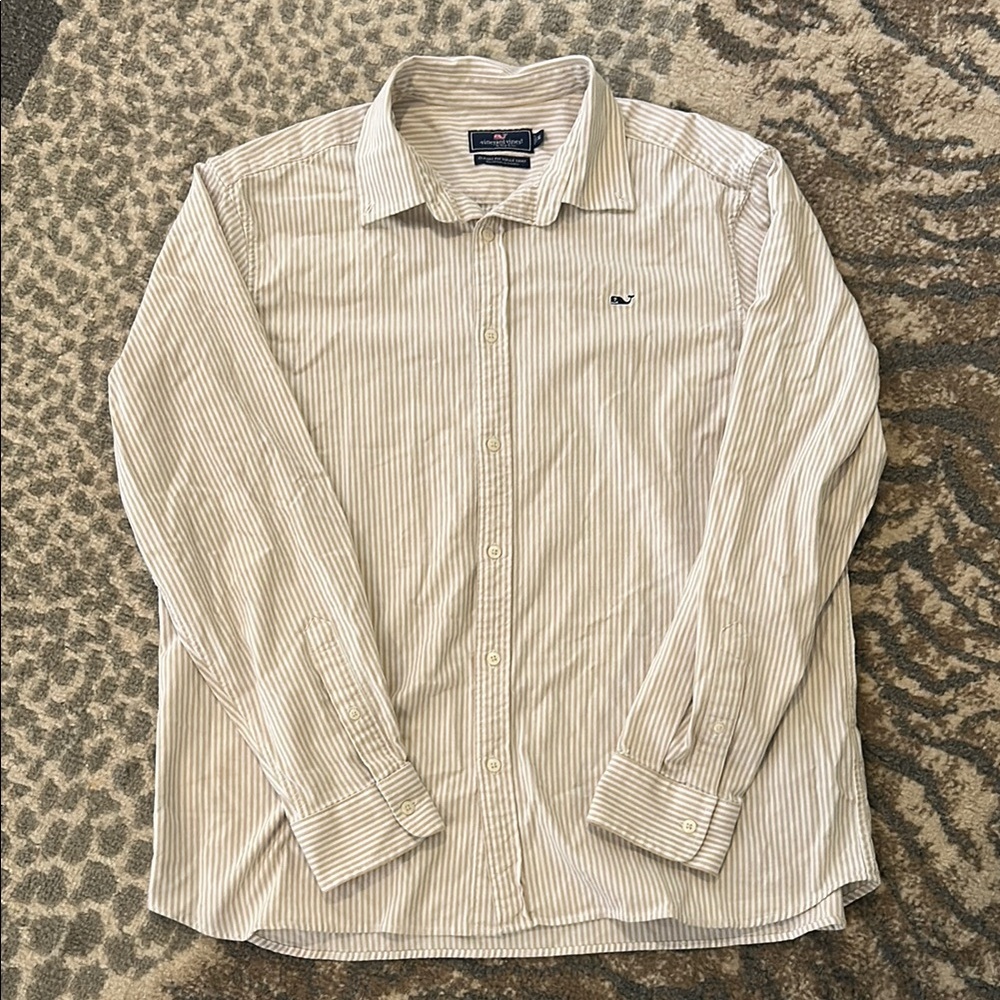 Vineyard Vines Men's Beige Striped Button Down Shirt